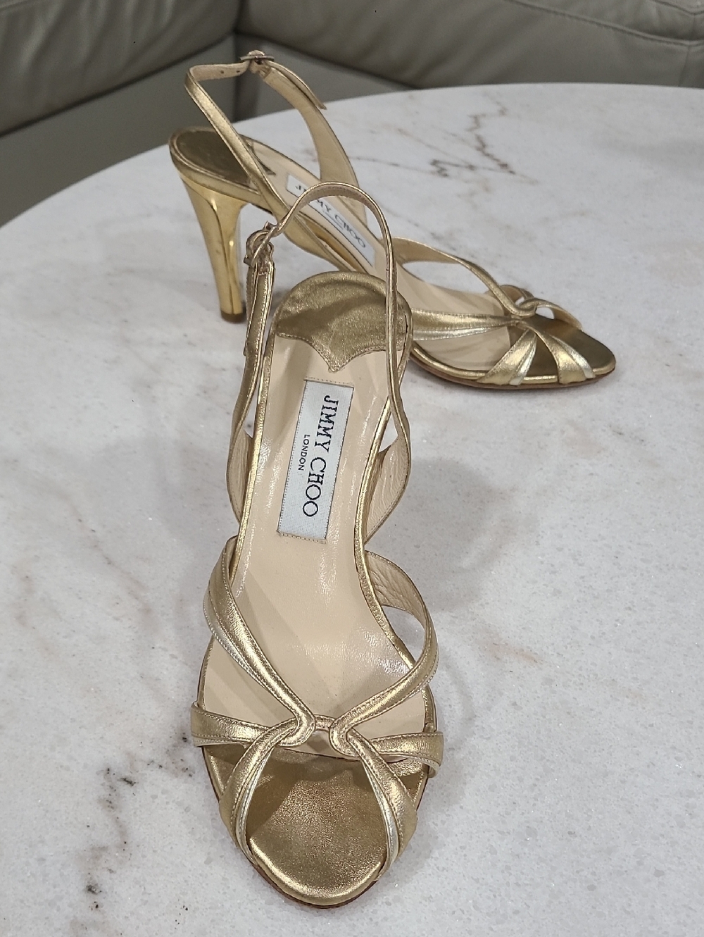 Jimmy Choo Metallic Gold Strappy Slingback Heels 3.5" Heel - Picture 3 of 9